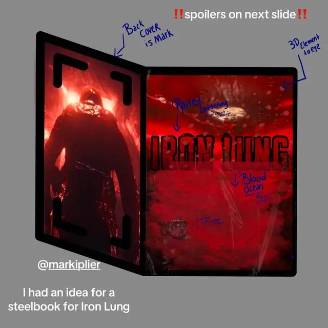 I have been talking with the Markiplier discord server and I had this idea for an Iron Lung steelbook! So I took my idea into the drawing board and this is where I ended up!!! The cover would have fake blood under the 