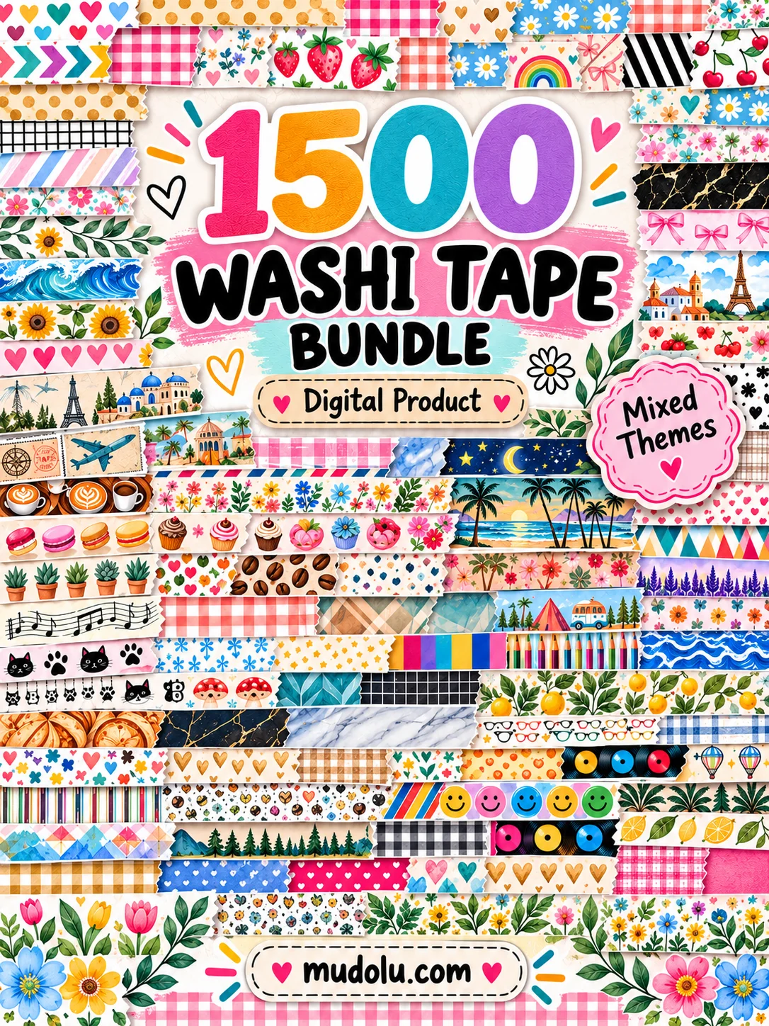 1500 Printable Washi Tape Bundle, Digital PNG Strips, Floral Ocean Travel Designs, Scrapbook Borders, Journal Ephemera product image (3)