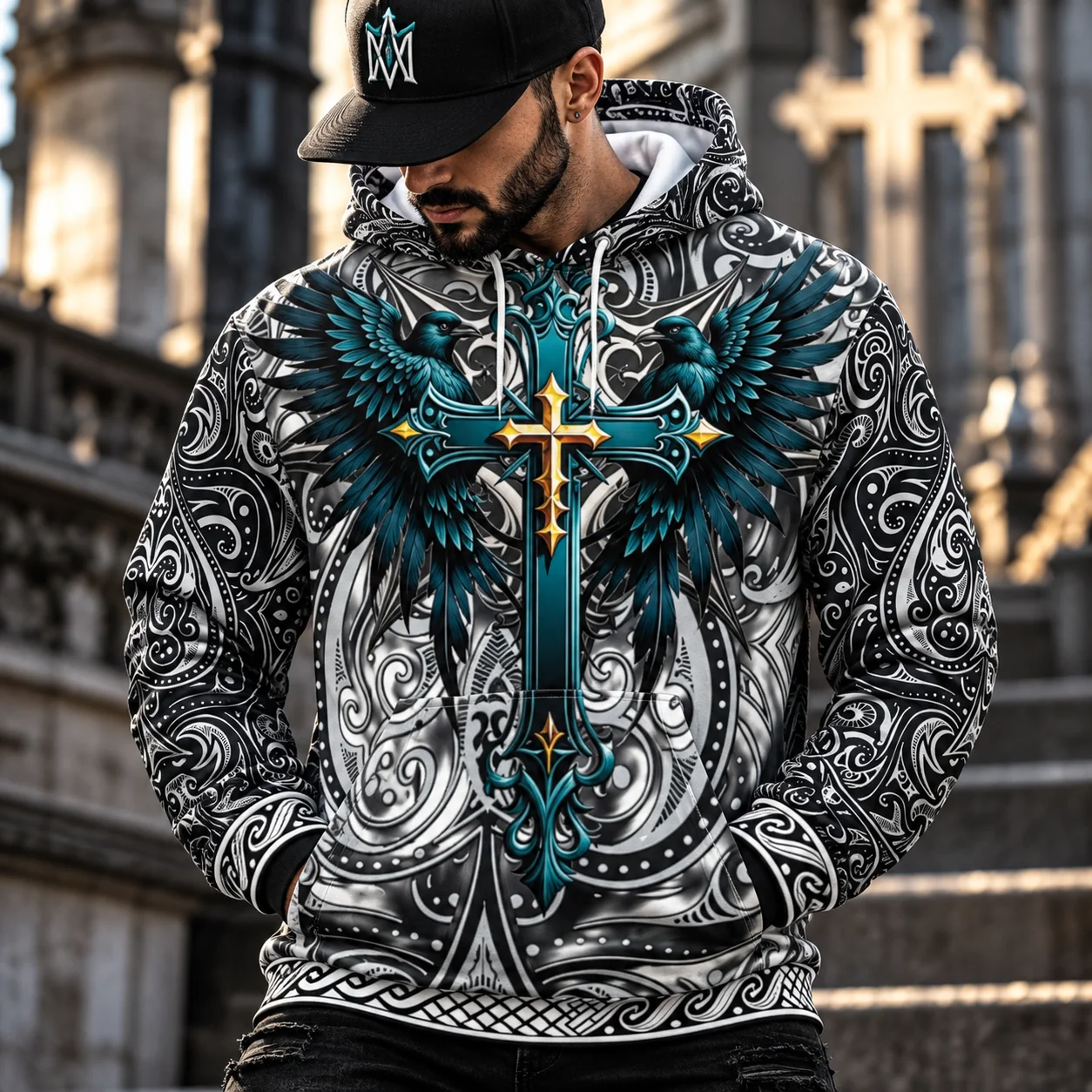 Raven Wings Cross Hoodie – Ornate Gothic Pattern product image (1)