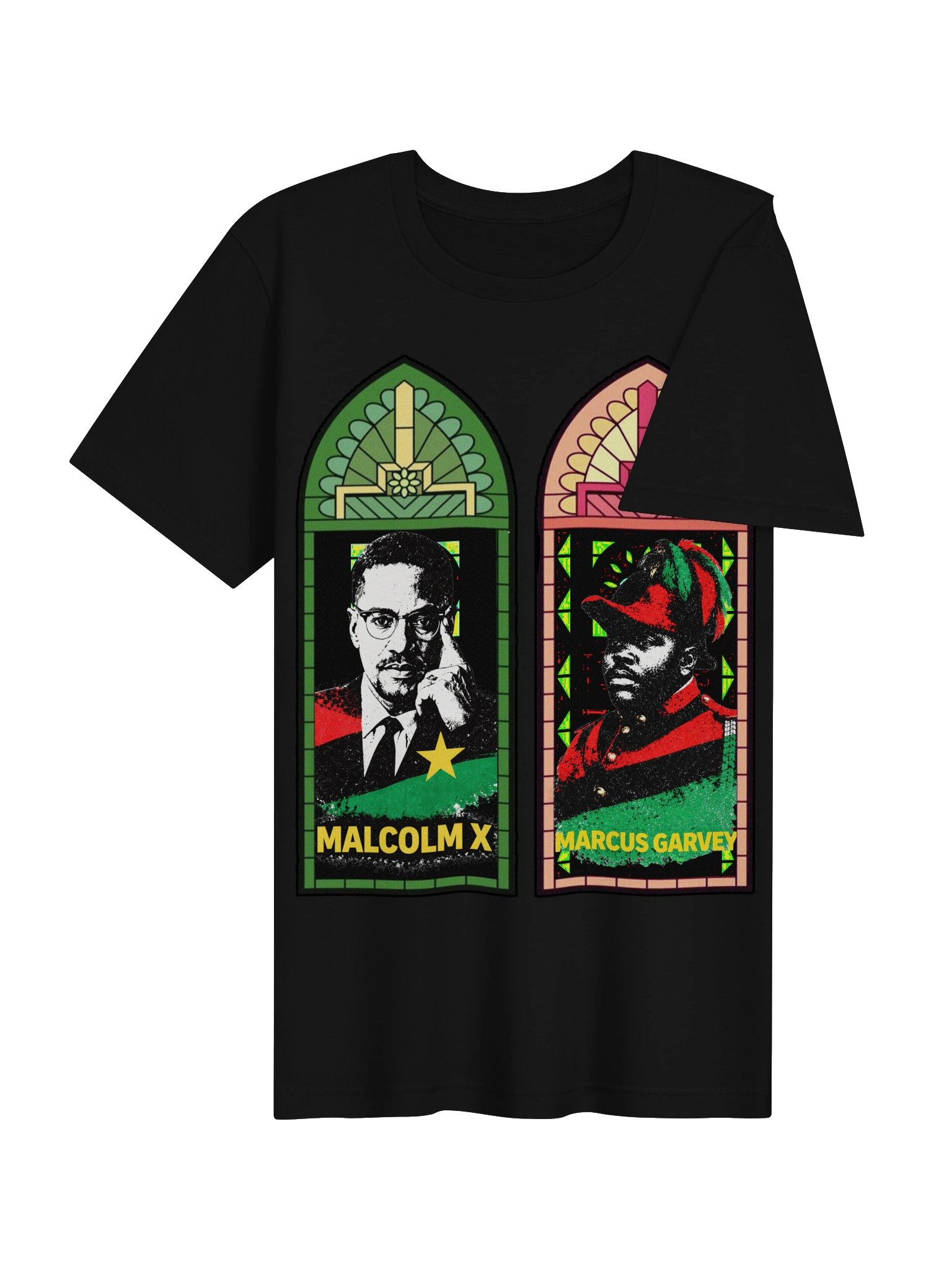 Malcolm X & Marcus Garvey Stained Glass Tee – Pan-African Cathedral Art | Black History Civil Rights T-Shirt product image (6)
