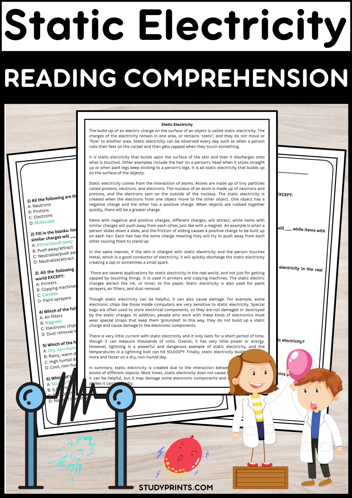 Static Electricity Reading Comprehension with Multiple Choice Questions product image (1)