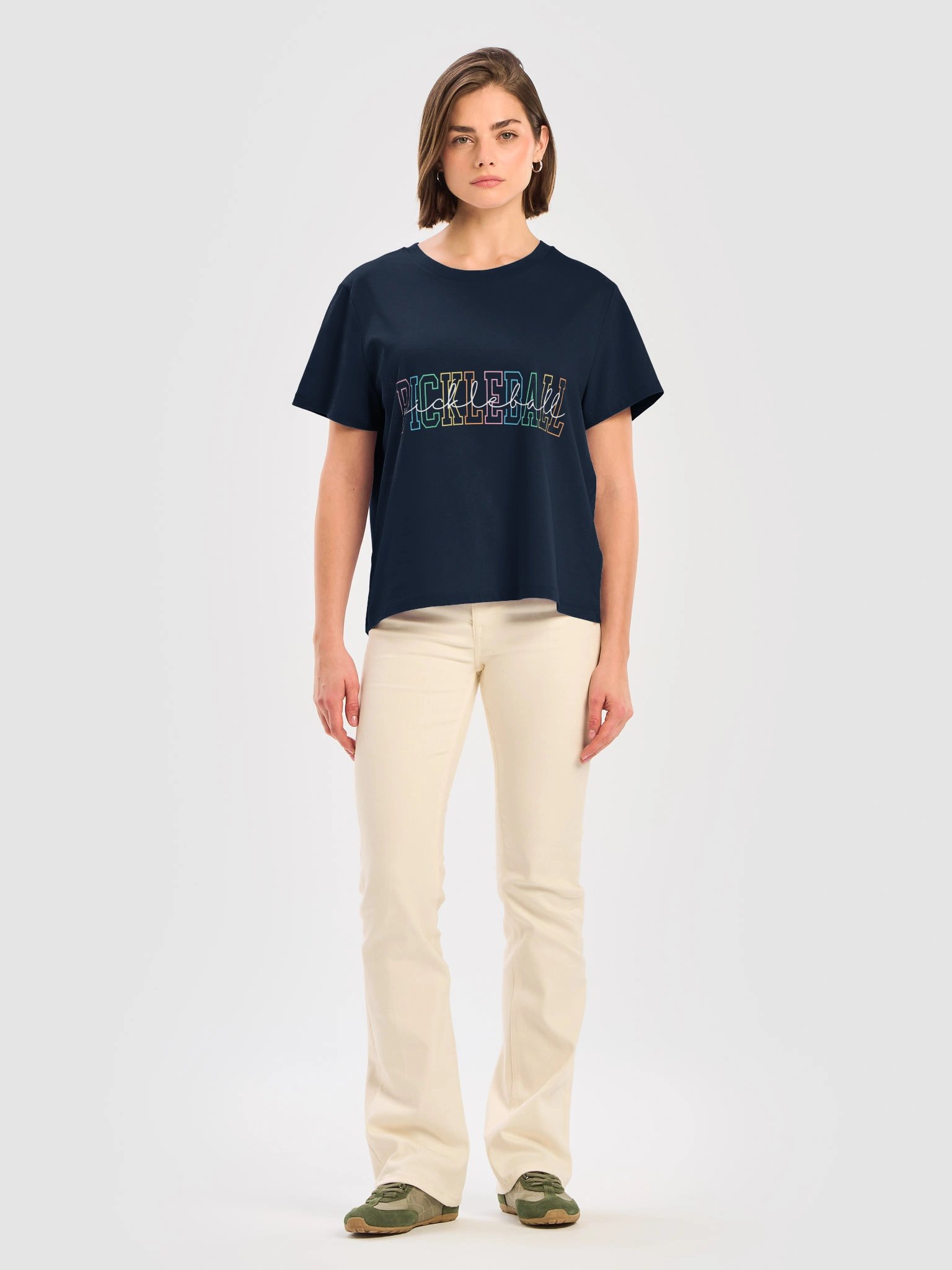 Colorful Pickleball T-Shirt for Women | Organic Cotton Tee, Retro Rainbow Design – Stanley/Stella Ribbed Neck product image (5)
