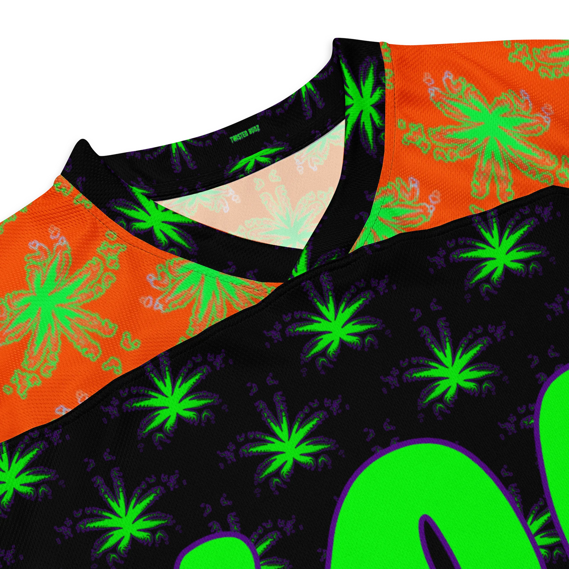 420 Halloween Hockey Jersey, Creepy Cannabis Clothes, Weed Leaf Fall Festival Fashion, Stoner Rave Stripe Shirt, Orange Black Green EDM Wear product image (6)