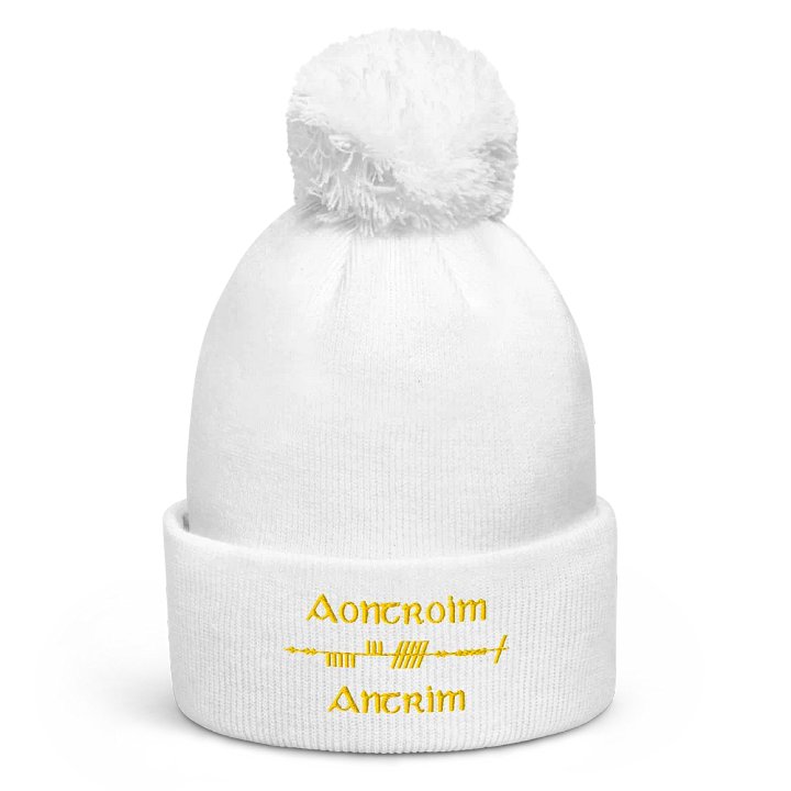 Antrim/Aontroim, Scholastic Style Ogham, white with saffron, Pom-Pom Beanie product image (1)