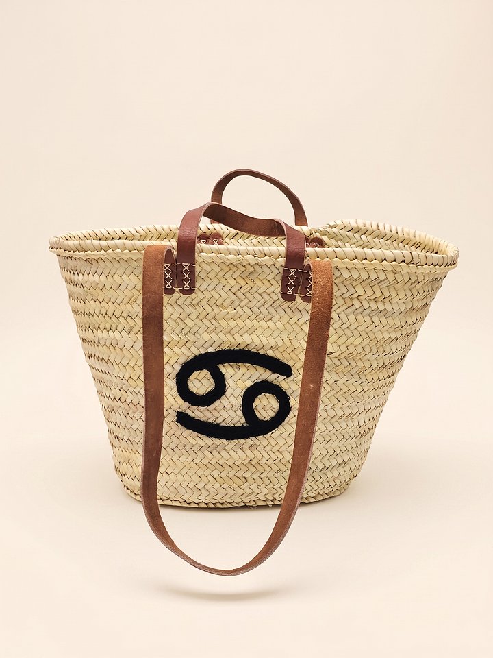 Handmade Straw Tote Bag – Cancer Zodiac Monogram Market Basket product image (2)