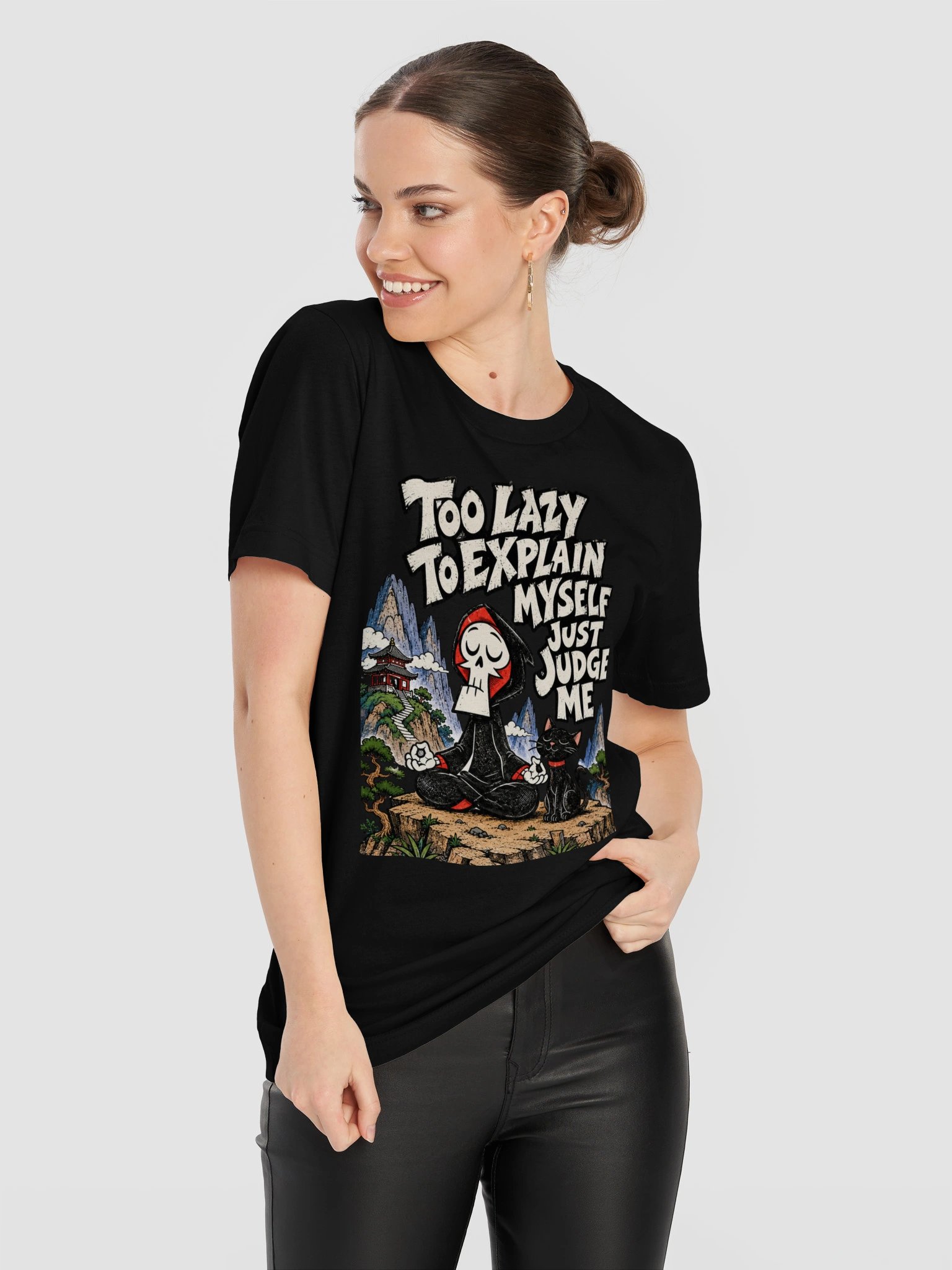 Too Lazy to Explain Myself T-Shirt | Funny Skeleton Meditation & Black Cat Graphic Tee product image (114)