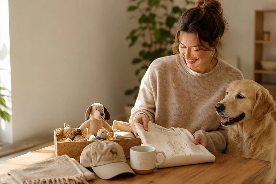 A cozy lifestyle scene showing a dog lover preparing thoughtful gifts such as dog-themed apparel and accessories, with a dog nearby, representing gift ideas for dog lovers.