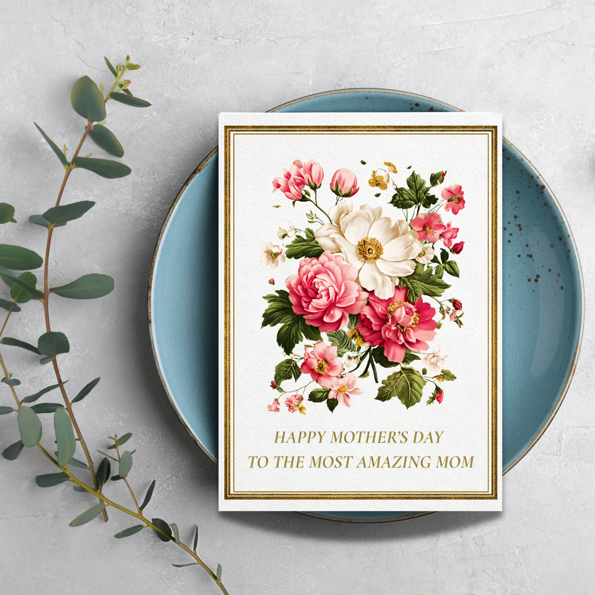 Floral Mother's Day Card, Elegant Gold Border (PDF Printable 5x7 Folded Card) product image (1)