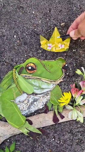 Long live the Frog King 🐸👑 

Crafted from banana tree leaves, flowers from a bouquet, and seashells in my garden. My favorite...