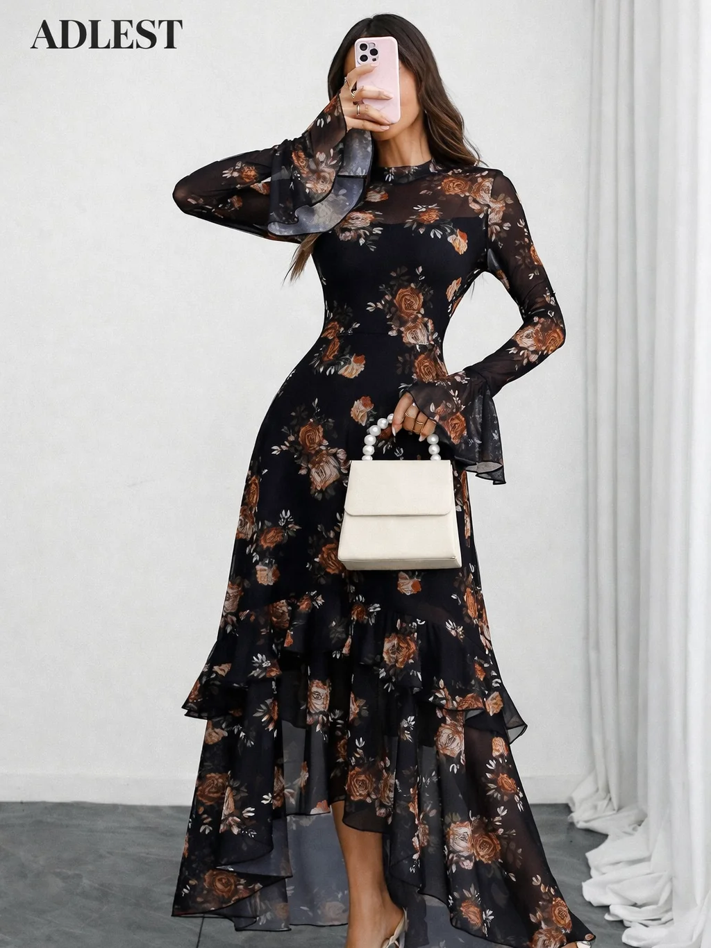 ADLEST Women's Elegant Sexy Mesh Patchwork Colorful Floral Print Retro Flare Sleeve Ruffle Hem Fishtail Double Layer Dress product image (2)