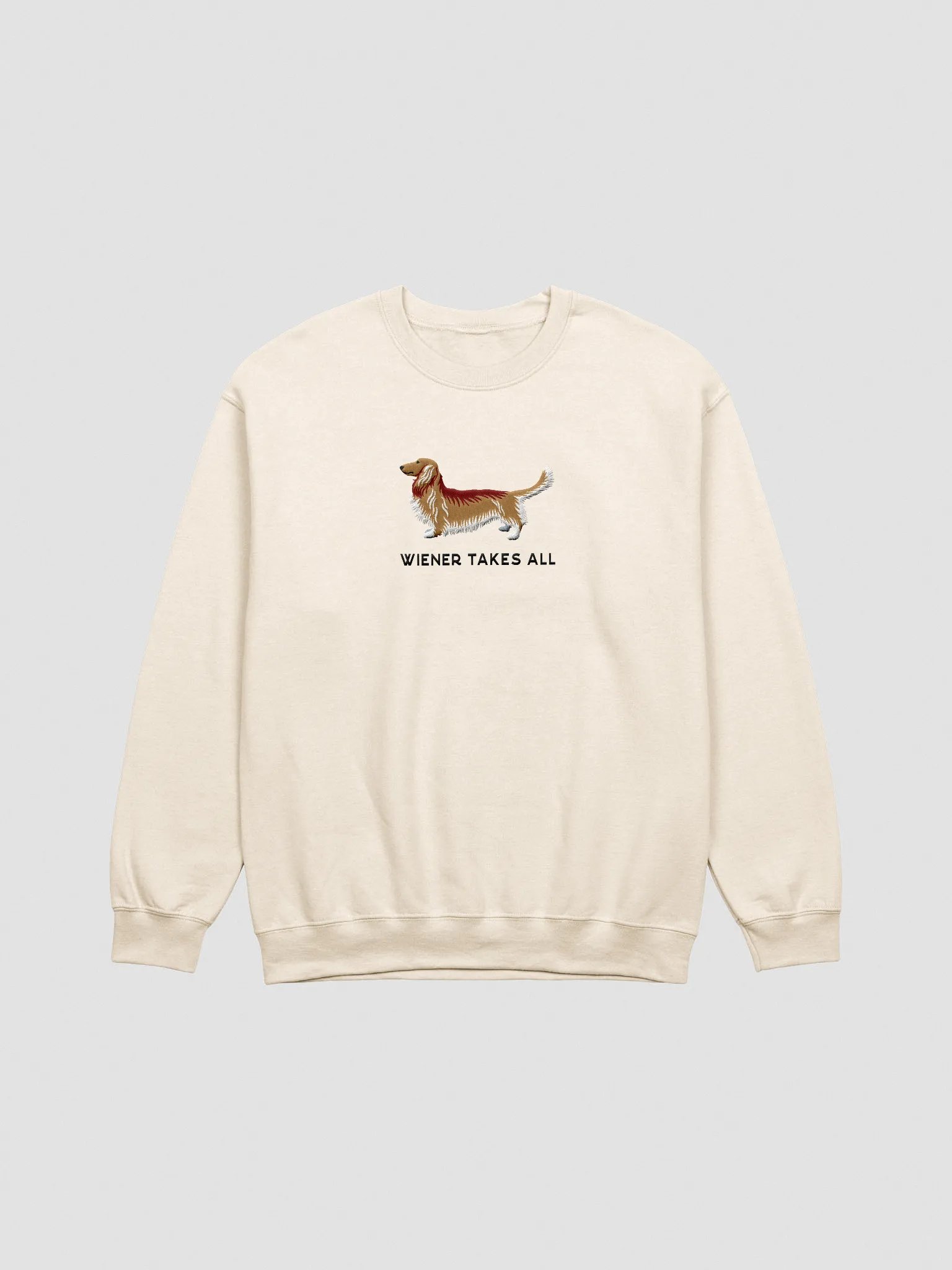 Wiener Takes All Sweatshirt (Embroidered) of a Longhaired Dachshund(Tan) product image (3)