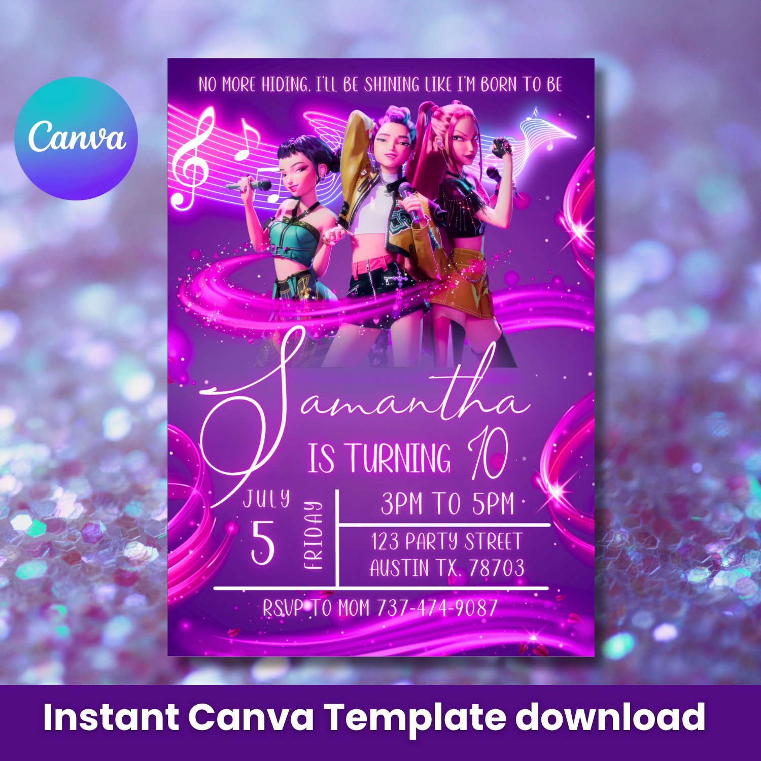 K-Pop Demon Hunter Birthday Invitation – Neon Pink Concert Theme (Editable Canva Template) product image (1)