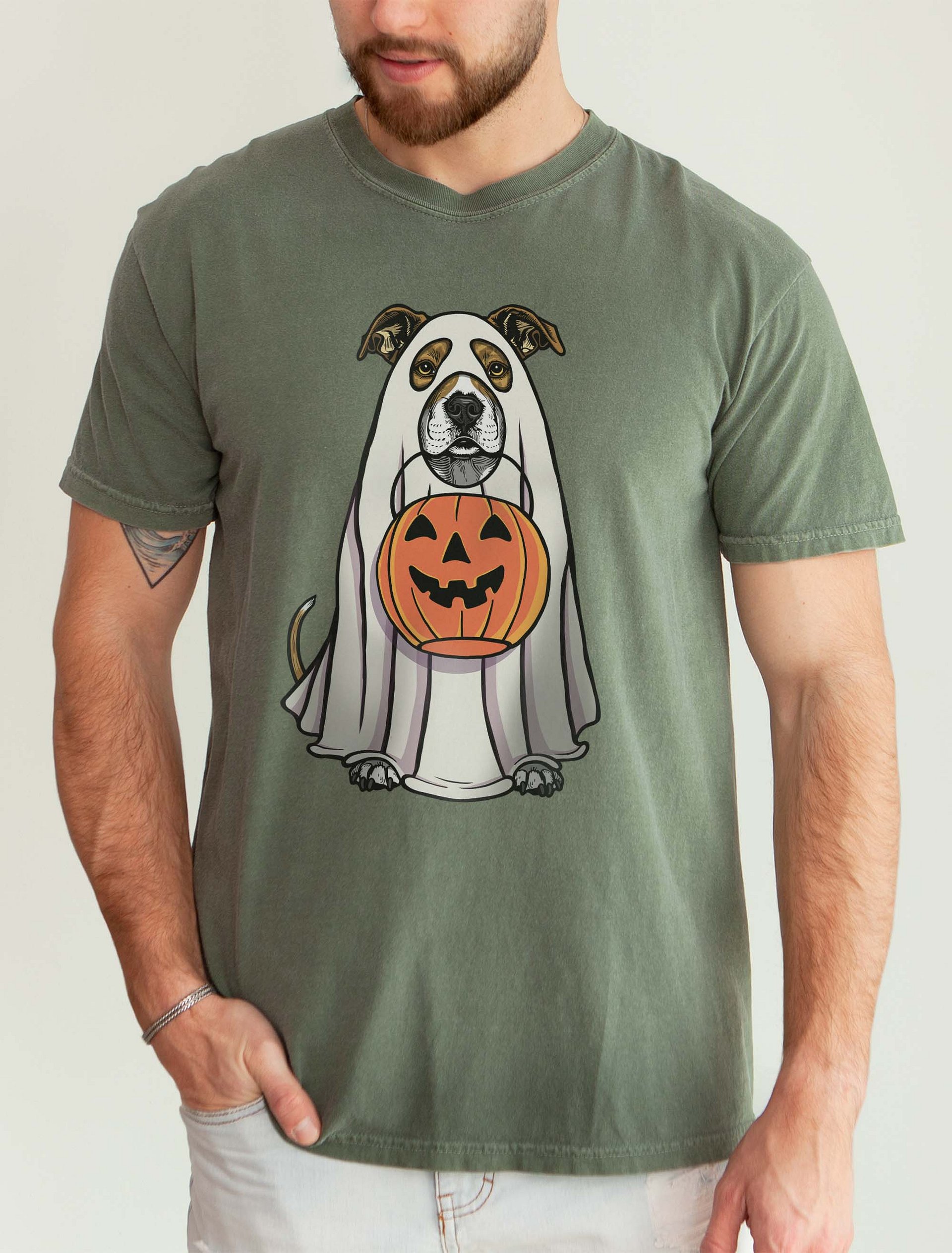 Funny Halloween Pitbull Terrier(Brindle) T-Shirt | Funny Pittie Wearing a Ghost Costume and Holding a Pumpkin Basket product image (2)