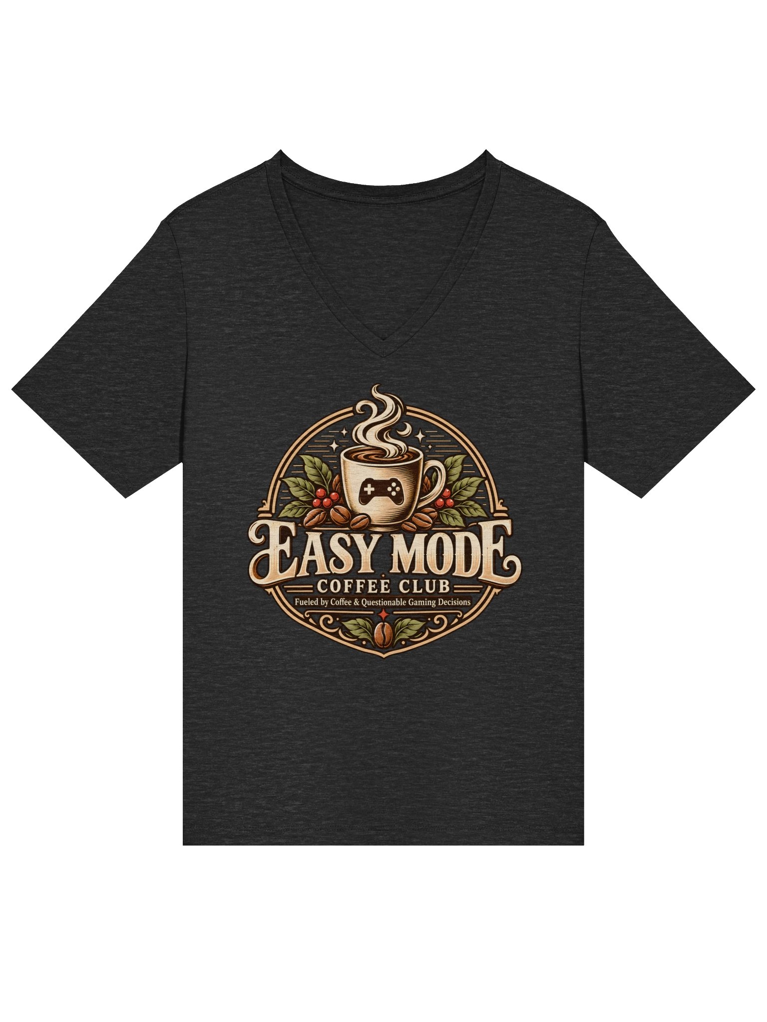 Easy Mode Coffee Club Women’s Relaxed V-Neck Tee – Dark Gray Heather product image (1)