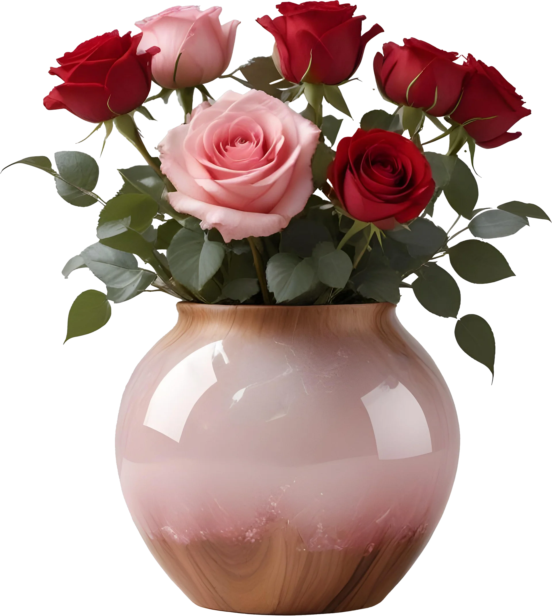 Pink Gradient Wood Vase with Red and Blush Roses PNG product image (1)