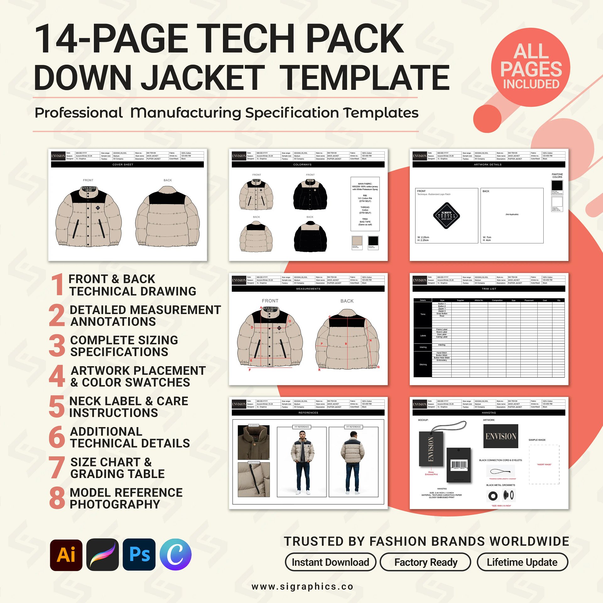 Puffer Down Jacket Tech Pack Template product image (3)