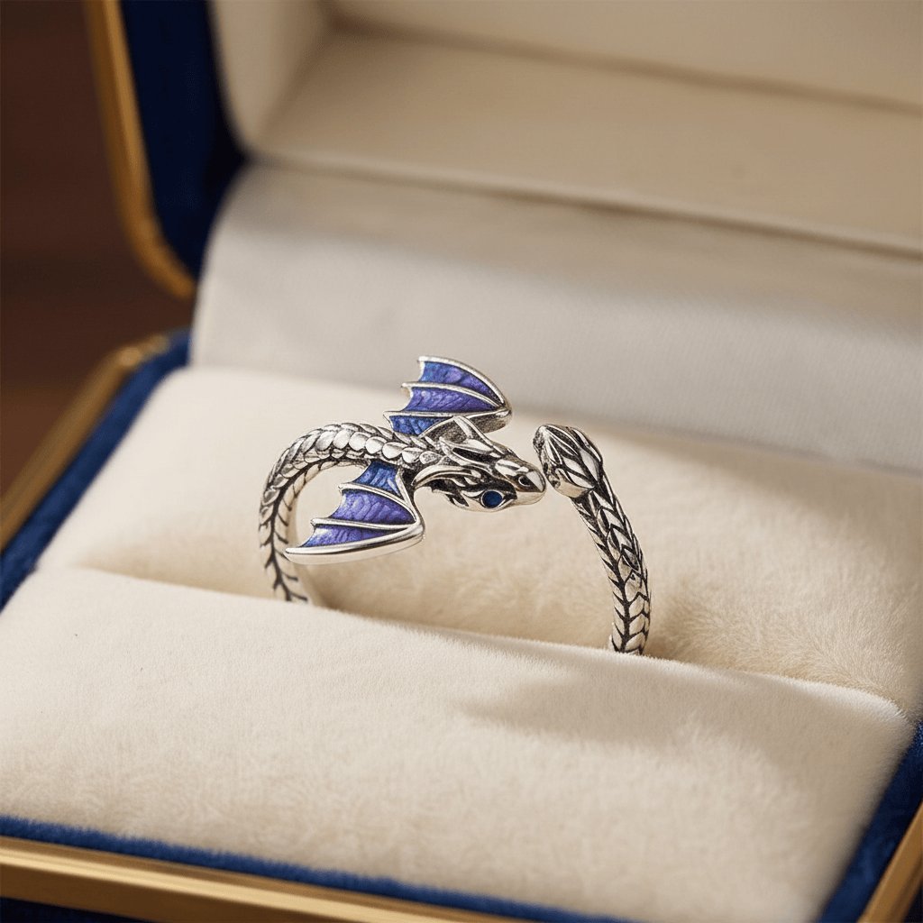925 Sterling Silver Dragon Ring with Blue Enamel Wings - Adjustable Open Wrap Ring product image (6)