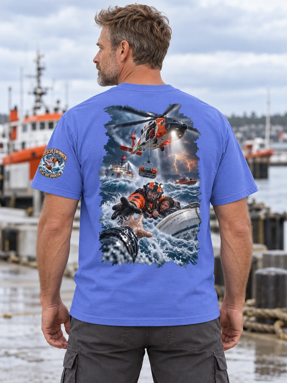 Into the Storm. Bring Them Home. Coast Guard Rescue Swimmer T-Shirt | FLAT OUT BROKEN™ product image (2)