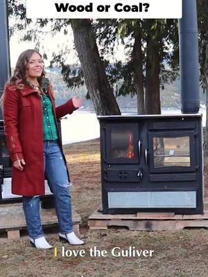 The Guliver stove: beautiful cast iron detail, pops in any room. Available in burgundy, black, or cream. Left or right flue options. Burns wood & coal for 7-8 hours. A top pick! #woodstove #homeheating #fireplace #cozystyle #interiordesign
