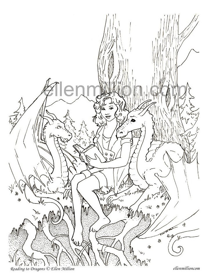 Reading to Dragons - Digital Coloring Page product image (1)