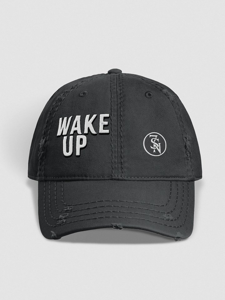 “Wake Up” embroidered distressed cap – black grunge dad hat from Seven Shades of Nothing – Otto Distressed Dad Hat product image (1)