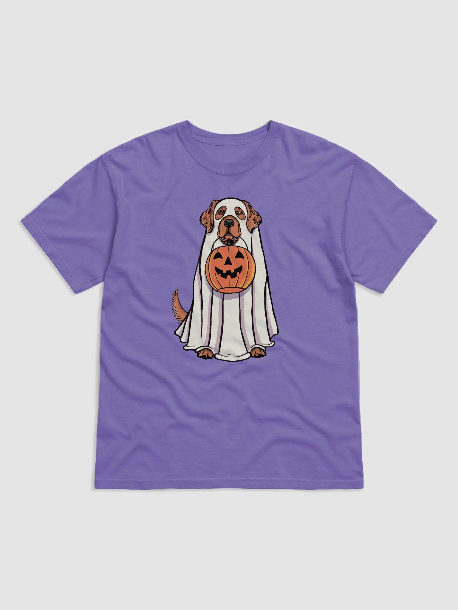 Funny Halloween Red Golden Retriever T-Shirt | Funny Goldie Wearing a Ghost Costume and Holding a Pumpkin Basket product image (1)