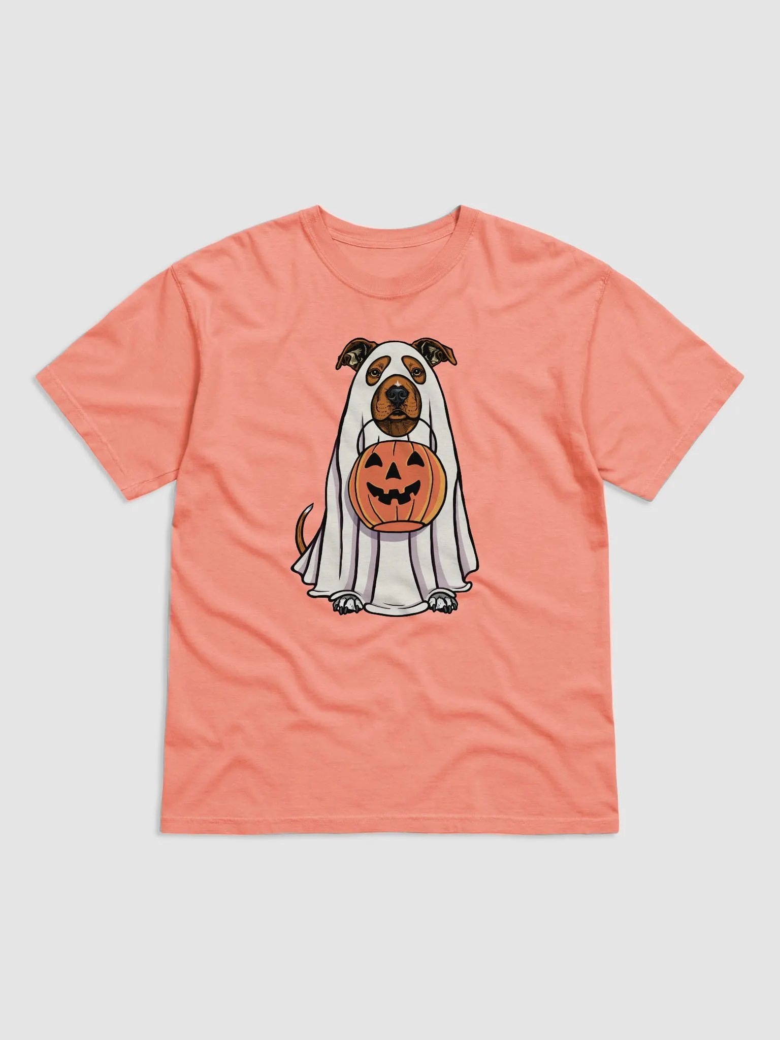 Funny Halloween Pitbull Terrier(Red) T-Shirt | Funny Pittie Wearing a Ghost Costume and Holding a Pumpkin Basket product image (1)