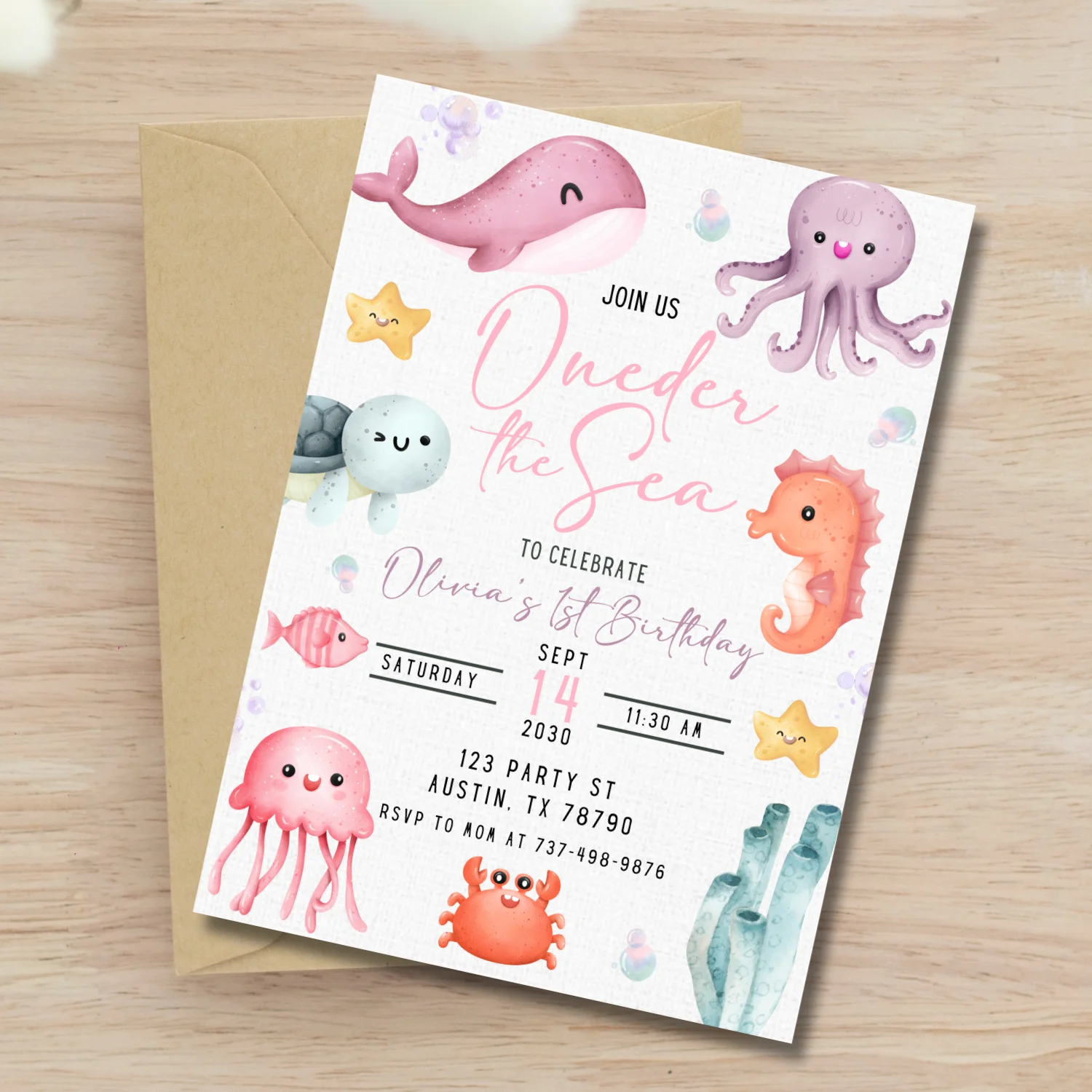Oneder the Sea Birthday Invitation | Girl 1st Birthday Party Under the Sea | Editable Canva Template | Ocean Mermaid Sea Animals Theme product image (3)