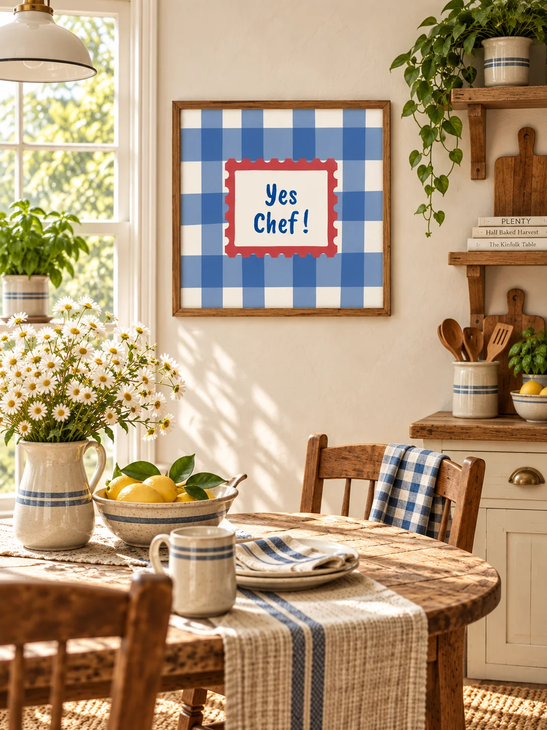 Yes Chef Kitchen Wall Art | Blue Gingham Cooking Quote | Retro Checkered Printable Poster product image (2)
