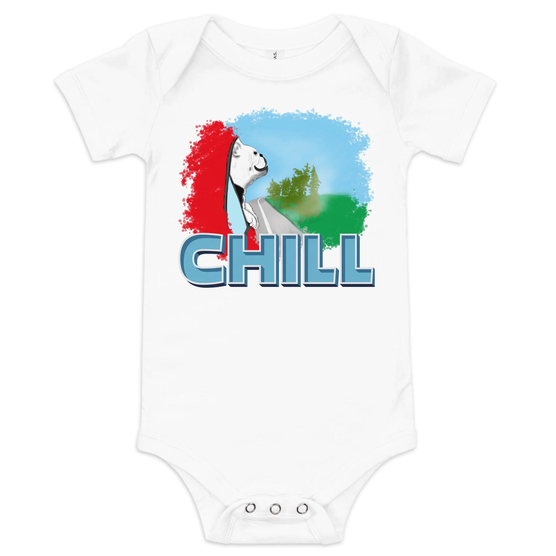 "CHILL" Dog (looking out car window), Baby Short Sleeve One Piece - Bella+Canvas product image (1)