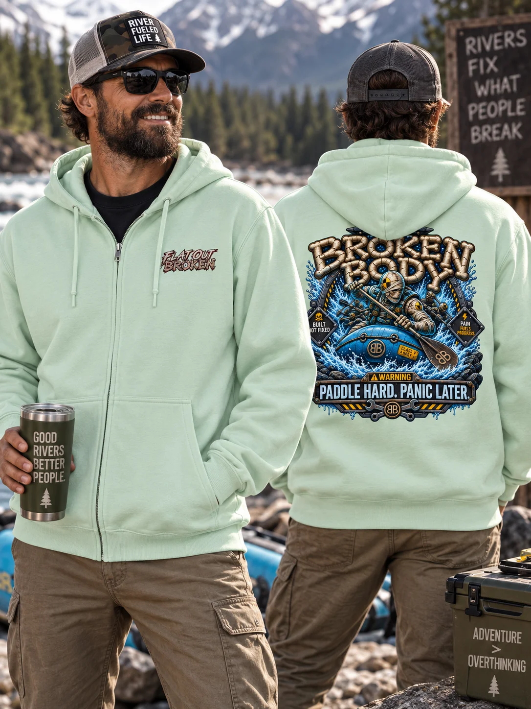 Whitewater Kayaking Hoodie — Paddle Hard, Panic Later Full-Zip Hoodie | Flat Out Broken™ product image (1)