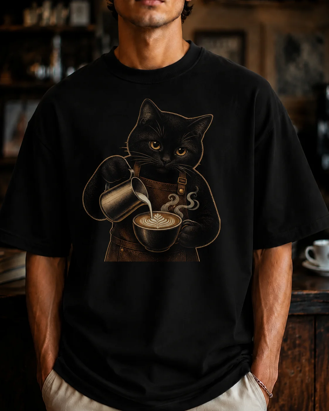 Coffee Cat Club Barista Tee | Vintage Black Cat Coffee Shirt product image (2)