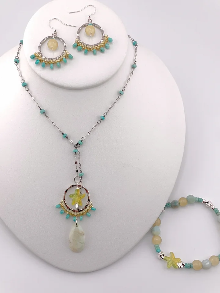 Beachy Lariat Style Silver and Aqua Beaded Necklace, Earrings, and Bracelet Set product image (1)