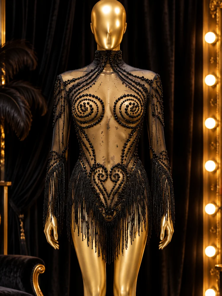 Black Crystal & Fringe Showgirl Bodysuit – Long Sleeve High Neck Stage Costume product image (1)