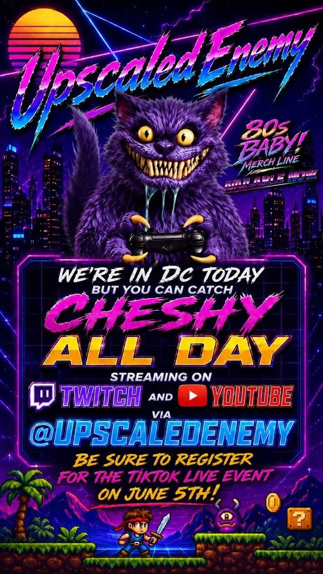 Catch Cheshy Live-ish on YT and Tw*tch! ALL DAY LONG! Via @UpscaledEnemy! You can also follow Cheshy here @Cheshy (the Upscaled Mascot) and PLEASE don’t forget to register for the TikTok LIVE Event on June 5th 2026 at 10amEST! Registration is NOT required but appreciated! My official return to live is on that day with the #GeorgeLowe #Simpsons collection unboxing, new daily live schedule is pinned in profile! Much love yall! See you Friday!! #spaceghost #buysomeshit #fyp 