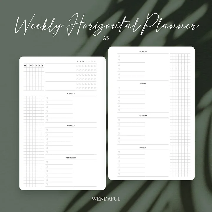 A5 Undated Weekly Horizontal Planner Inserts | Printable product image (1)
