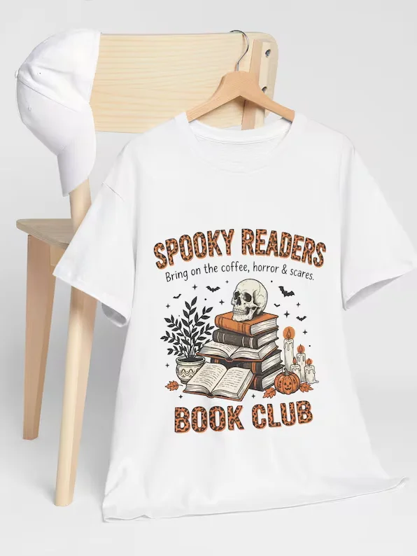 Spooky Readers Book Club T-Shirt | Halloween Reading Stack, Skull & Pumpkins product image (3)