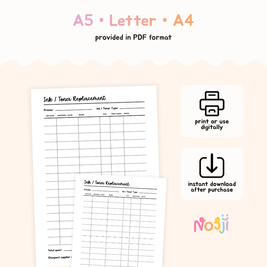 Ink Toner Replacement Tracker Printable Printer Supply Log product image (2)
