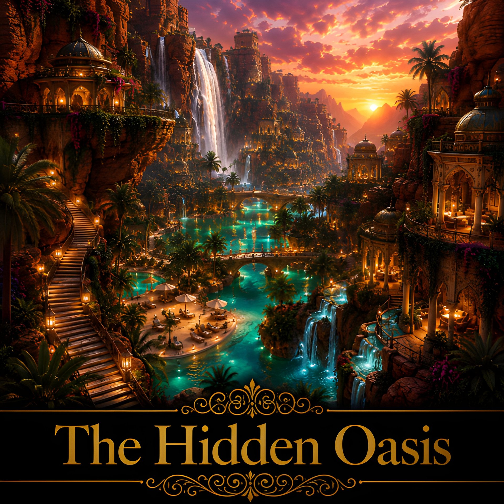 The Hidden Oasis - Fantasy Cliffside Waterfall City Wall Art product image (2)
