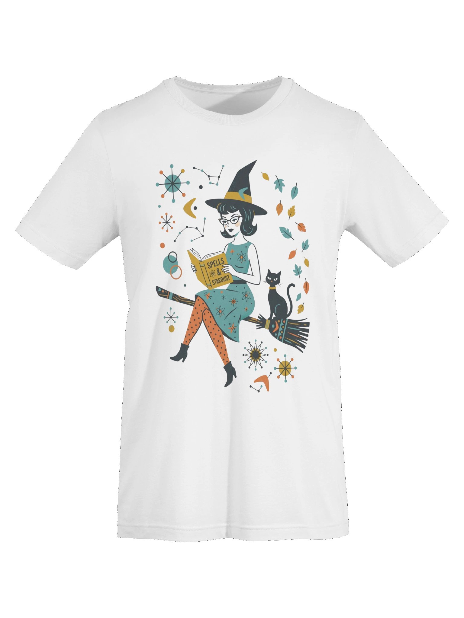 Retro Witch T-Shirt | Mid-Century Halloween Black Cat & Broom Tee product image (5)