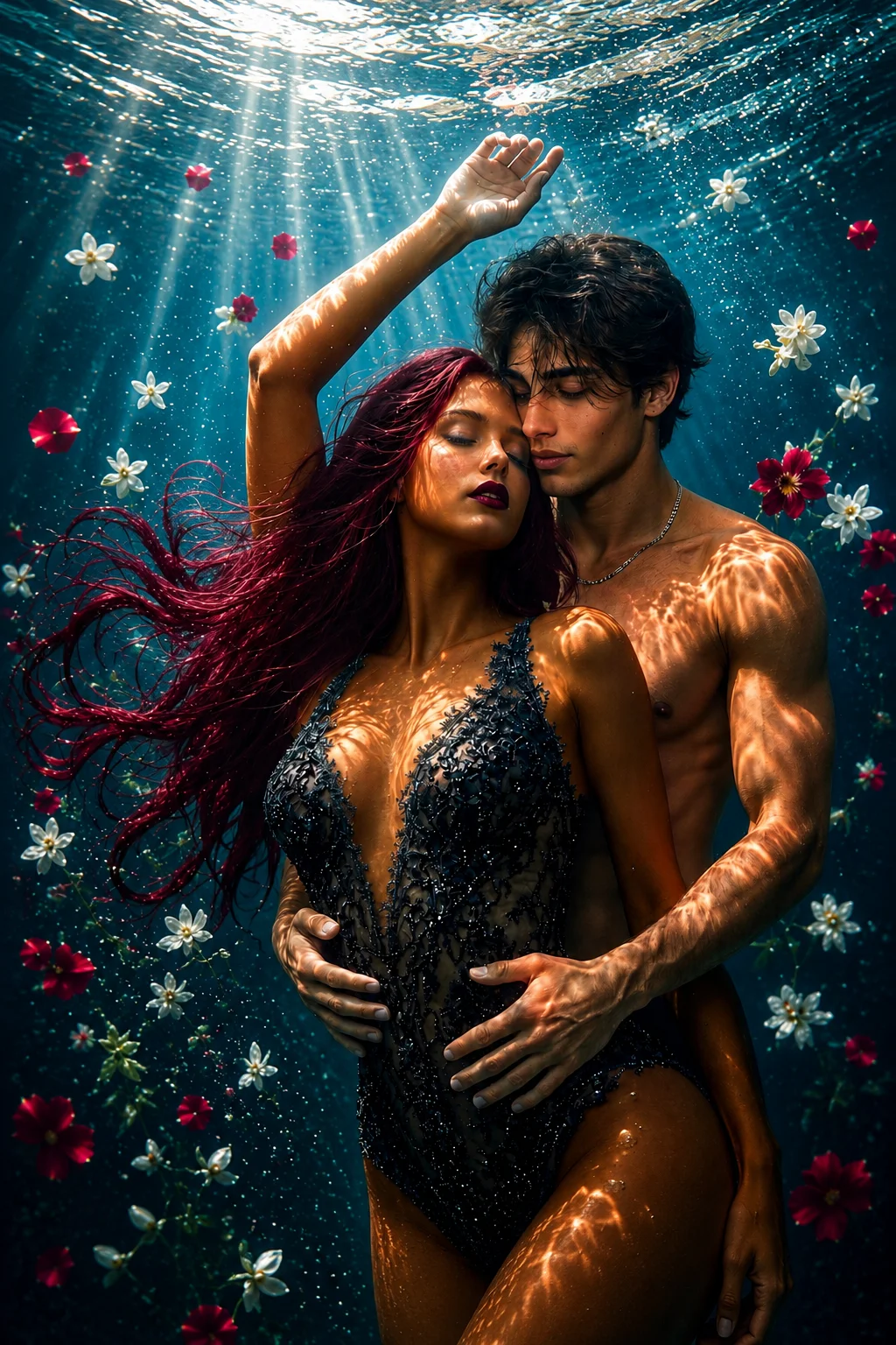 Underwater Couple Fantasy Art Print, Romantic Ocean Wall Decor, Surreal Love Poster 10x10 product image (1)