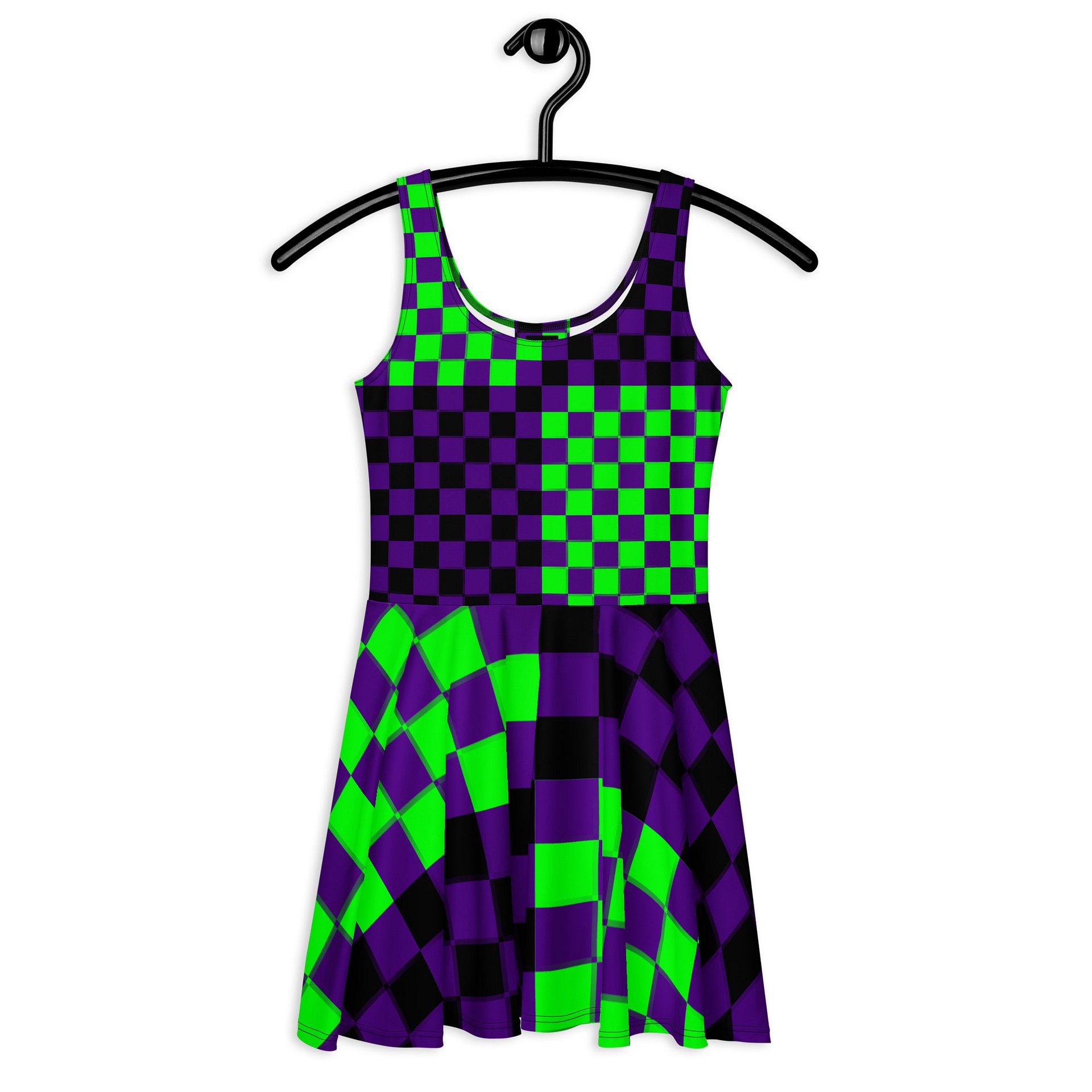 Twisted Checkers Skater Dress, Silly Clowncore Clothing, Fun Festival Outfit, Weird Rave Wear, Neon Green Purple Black Alternative Fashion product image (4)