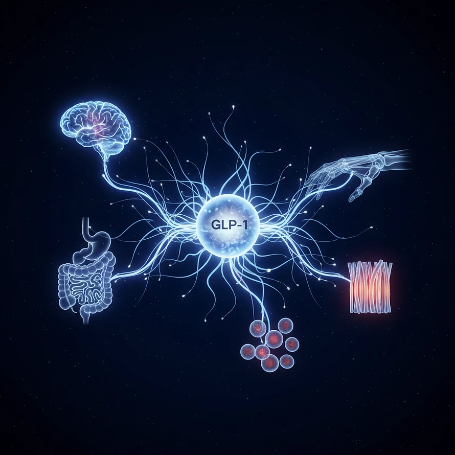 Scientific illustration of the GLP-1 hormone as a glowing central orb, radiating connections to a human brain, digestive system, skeletal structure, muscle fibers, and cellular processes. This visual symbolizes GLP-1's surprising and multifaceted benefits beyond weight loss, illustrating its impact on the gut-brain axis, stress response, cravings, bone health, muscle health, and inflammation for overall metabolic health.