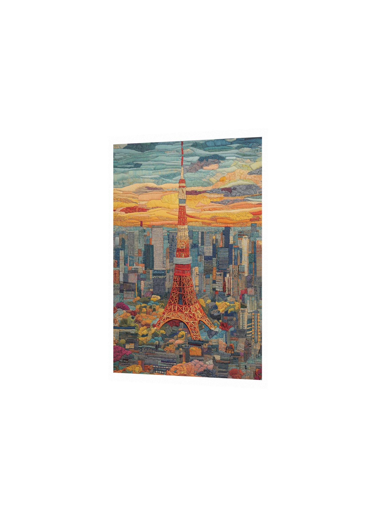 Golden Hour in Tokyo | Embroidery-Style Wall Art — Unframed Print product image (2)