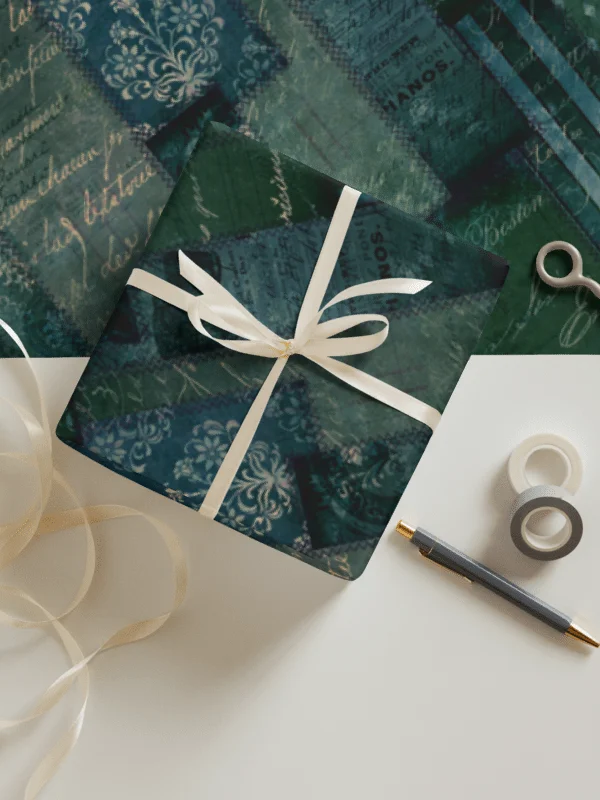 Elegant Vintage Green Blue Script Wrapping Paper product image (7)