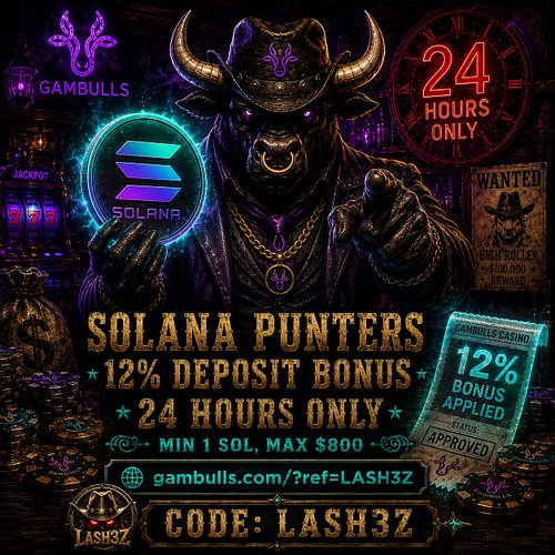 Solana punters this one’s for you 🎰
Gambulls Casino is covering the SOL price drop with a 12% deposit bonus on your next depo...