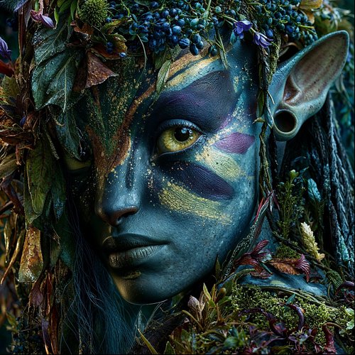 She is the forest speaking. Teal skin marked with ancient symbols, golden eyes that have watched the seasons turn a thousand ...