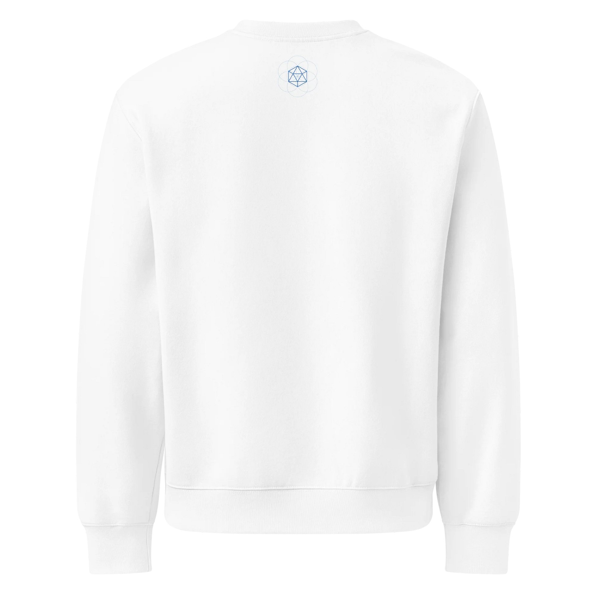 White Sweater – Blue Icosahedron (Centered Front & Upper Back Print) product image (2)