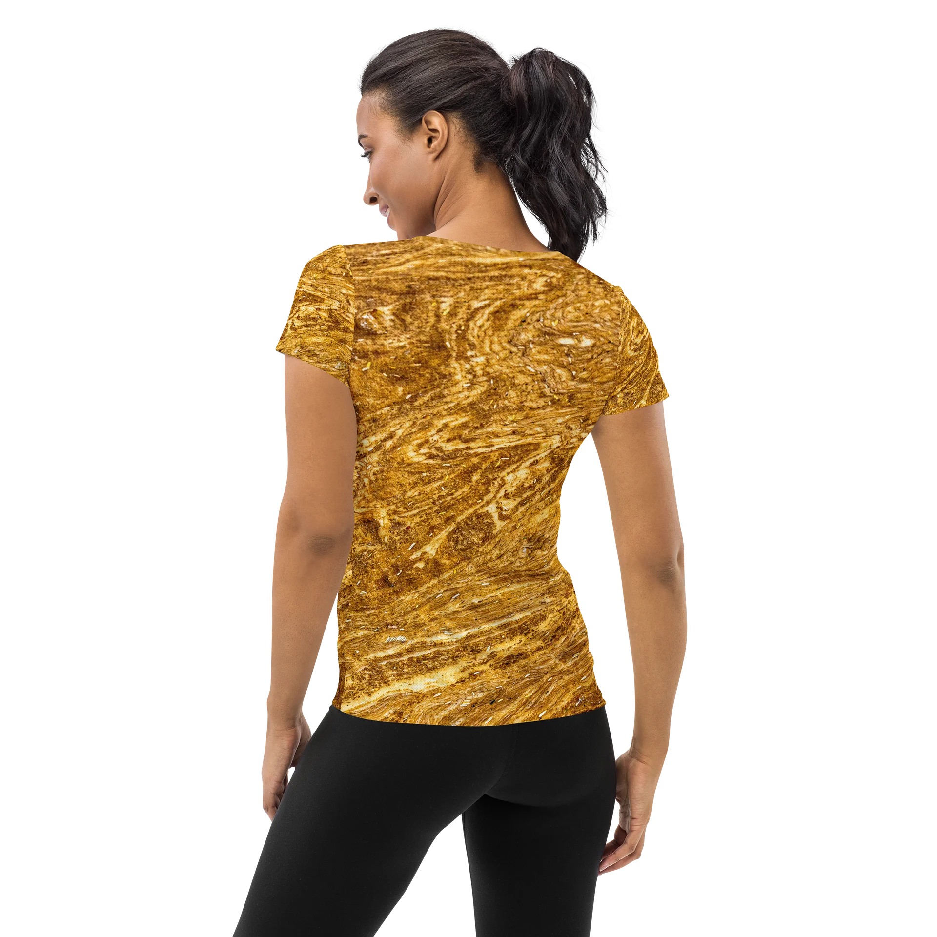 Golden Strata: Earthy Swirl Marble Pattern Women’s Athletic Shirt | Botanical & Marble Running Shirt | Tiger Eye Sage Golden Activewear Top product image (2)