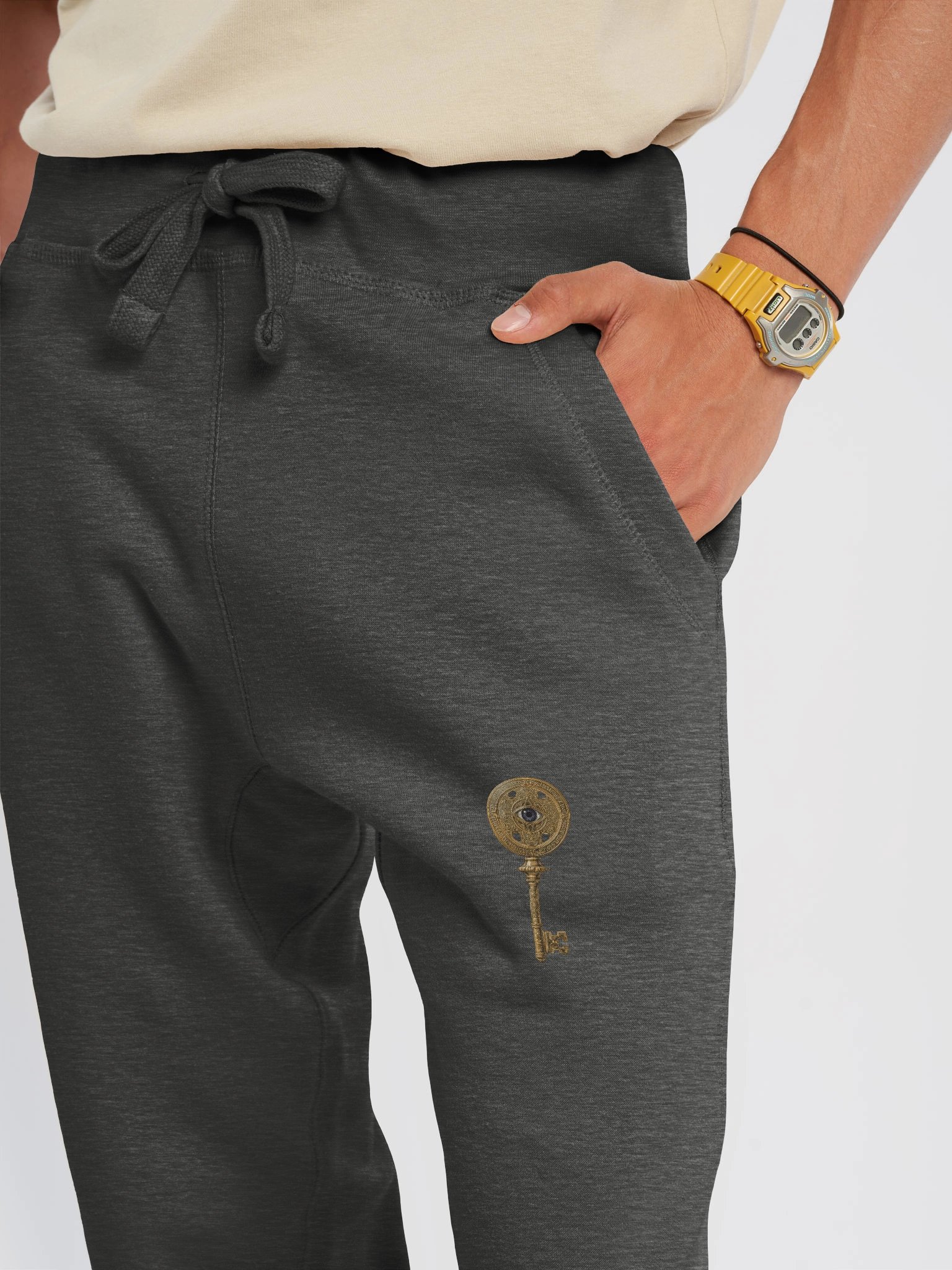The Gatekeeper’s Key Fleece Joggers – Front Thigh & Back Lower Leg Print | Charcoal Heather | product image (4)
